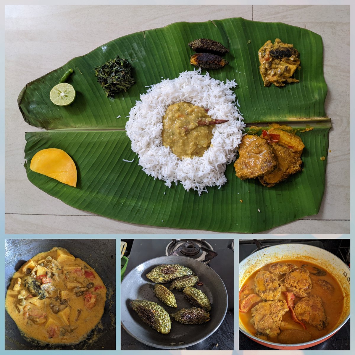 Party on Utkal Dibasa. #Odia #food #OdiaThali Rice (ଭାତ), Dalma (ଡାଲମା), Mushroom In Mustard sauce (ଛତୁ ଆମ୍ବୁଲ ରାଇ), Stuff Karela (ଗୋଟା କଲରା ଭଜା), Fish Masala (ମାଛ କସା), leafy green fry (Saga Bhaja) from #gpkichen #FoodieOdia
ପାଚିଲା ଆମ୍ବ
#ଉତ୍କଳଦିବସ 
#ଓଡ଼ିଆ 
#Odisha
#UtkalaDibasa
