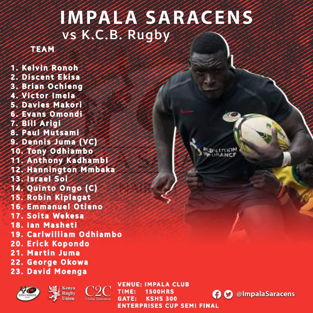 ImpalaRfc's tweet photo. Here's how we line up against @kcbrugby in the #EnterpriseCup Semifinal.
#ImpalaTime
#ResolutionInsurance
#GlobalEducation https://t.co/ODpLfRHqu4