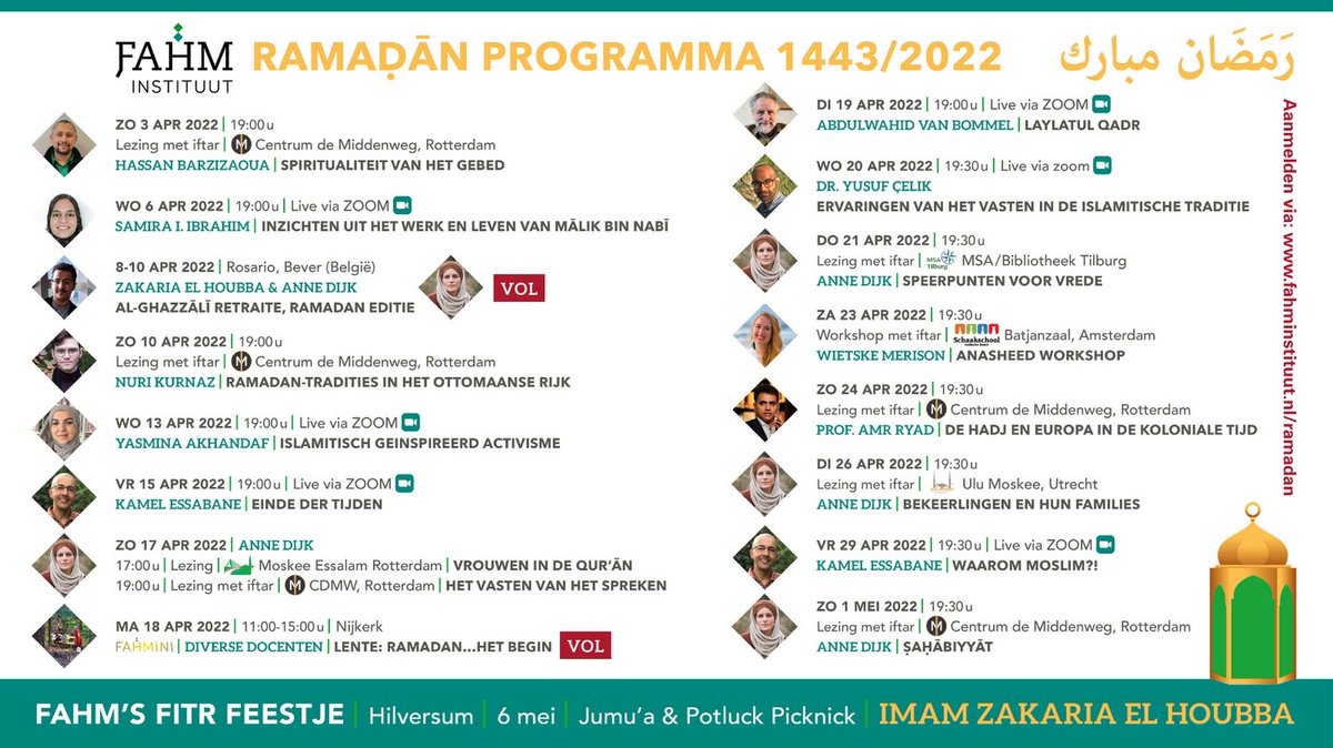Aanmelden voor het GEHELE programma kan via fahminstituut.nl/ramadan/
Na aanmelding ontvangt u vóór elke bijeenkomst informatie betreffende de locatie en/of de zoomlink (muv Ghazali Retraite en FahMiNi, beiden uitverkocht).
#wearefahmily #ramadan2022 #fahmramadanprogramma