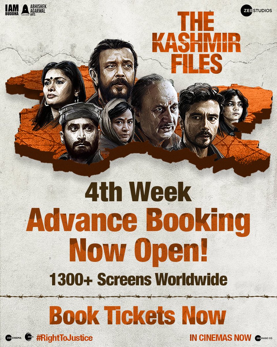 KashmirFiles's tweet photo. 4th week's advance booking for the astonishing #TheKashmirFiles is open now!

Book your tickets now .
#RightToJustice https://t.co/hFVGFl5TOG