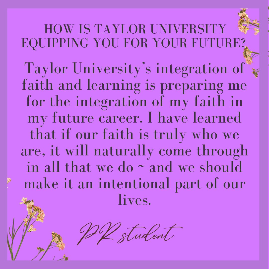TUcommdept's tweet photo. "If our faith is truly who we are, it will naturally come through in all that we do ~ and we should make it an intentional part of our lives."
Wonderful quote from one of our PR majors! ❤️

#tayloru @tayloruniversity #publicrelations https://t.co/kDmkjarid4