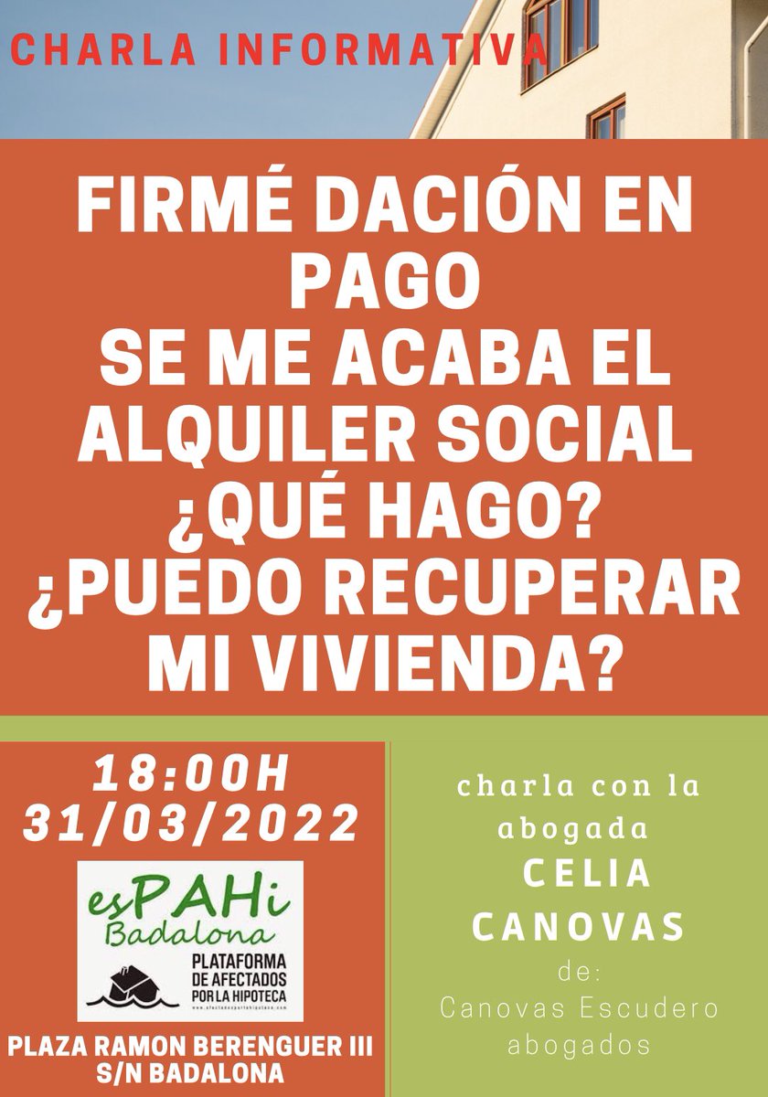 Ayer, a pesar del frío y la lluvia nos pudimos reunir con la abogada <a href="/CanovasCelia/">Celia Cánovas Essard</a> quien nos explicó qué hacer ante desahucio después de la Dación en Pago y finalización del alquiler. #Badalona