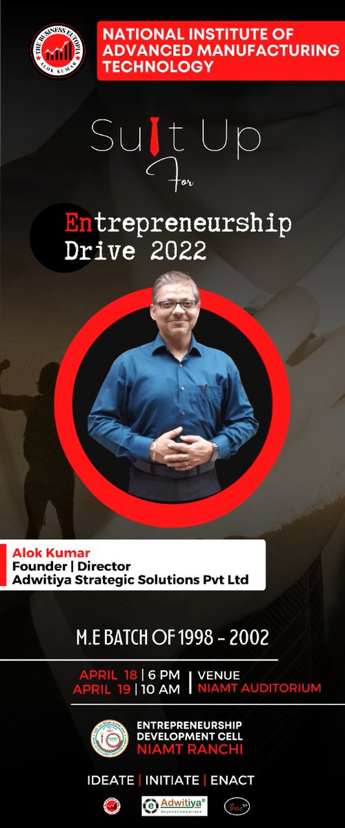 nifftaa's tweet photo. How about understanding the concepts of Entrepreneurship and Job Placements before you graduate?Being an Entrepreneur and an individual who has worked with a large number of MNCs, @BusinessByAlok (ME-02)  has Himalayan expertise in the field. So, fly up to the Zenith and SUIT UP https://t.co/ifAWhw33zm
