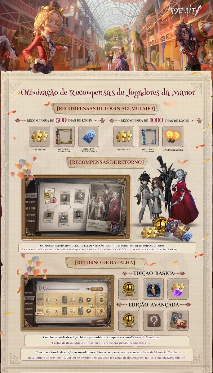 IdentityvBrasil's tweet photo. Caros Detetives! Venham um venham todos! Confira as recompensas para os jogadores que retornam, que completam as missões recebem recompensas incríveis! Arraste seu amigo e volte para a mansão, confira! A otimização estará disponível em 30 de março!
#IdentityV #Retornando https://t.co/riNTM4nEfi