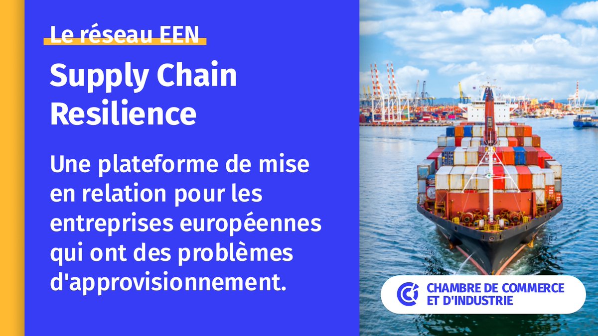 🔵 Le réseau <a href="/EEN_EU/">Enterprise Europe Network 🇪🇺</a>, porté par les #CCI, a développé la plateforme “Supply Chain Resilience” pour soutenir les #entreprises 🇪🇺 impactées par les perturbations dans les chaînes d’#approvisionnement. En savoir + 👉 bit.ly/3JXtJEI
#GuerreEnUkraine 🇺🇦 #France <a href="/Economie_Gouv/">Ministère de l'Économie et des Finances</a>