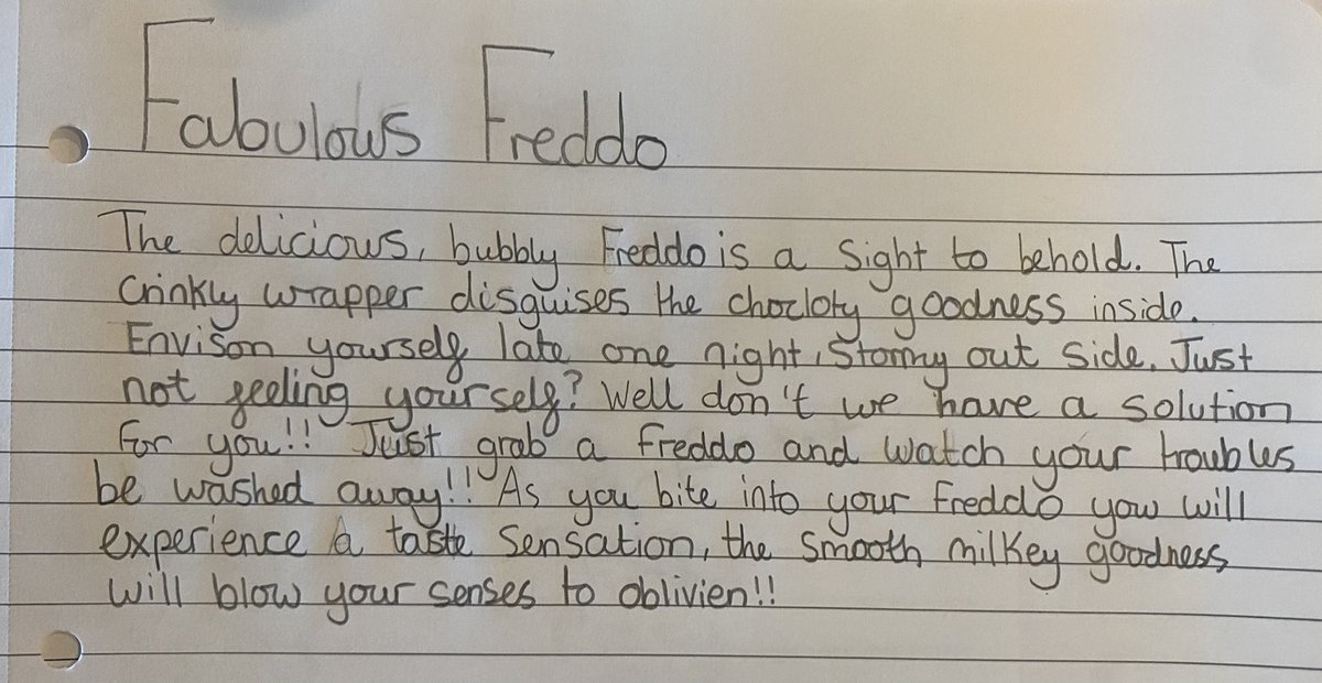 Miss_Harris87's tweet photo. Watch out @CadburyUK, I think we have a new advertising director in the making. Alex (Y6) produced this for the price of one Freddo bar, for research purposes obviously. https://t.co/2dZldvhCQY