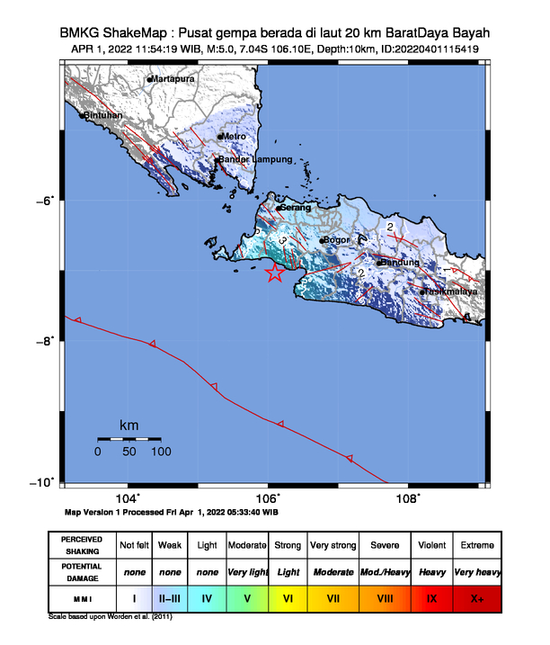 infoBMKG's tweet photo. #Gempa Mag:5.0, 01-Apr-22 11:54:19 WIB, Lok:7.04 LS, 106.10 BT (Pusat gempa berada di laut 20 km BaratDaya Bayah), Kedlmn:10 Km Dirasakan (MMI) II-III Pelabuhan Ratu, II-III Sumur, II-III Malimping, I-II Ciuyah, I-II Saketi, I-II Bekasi, I-II Bogor #BMKG https://t.co/N4eYnWj9Eo