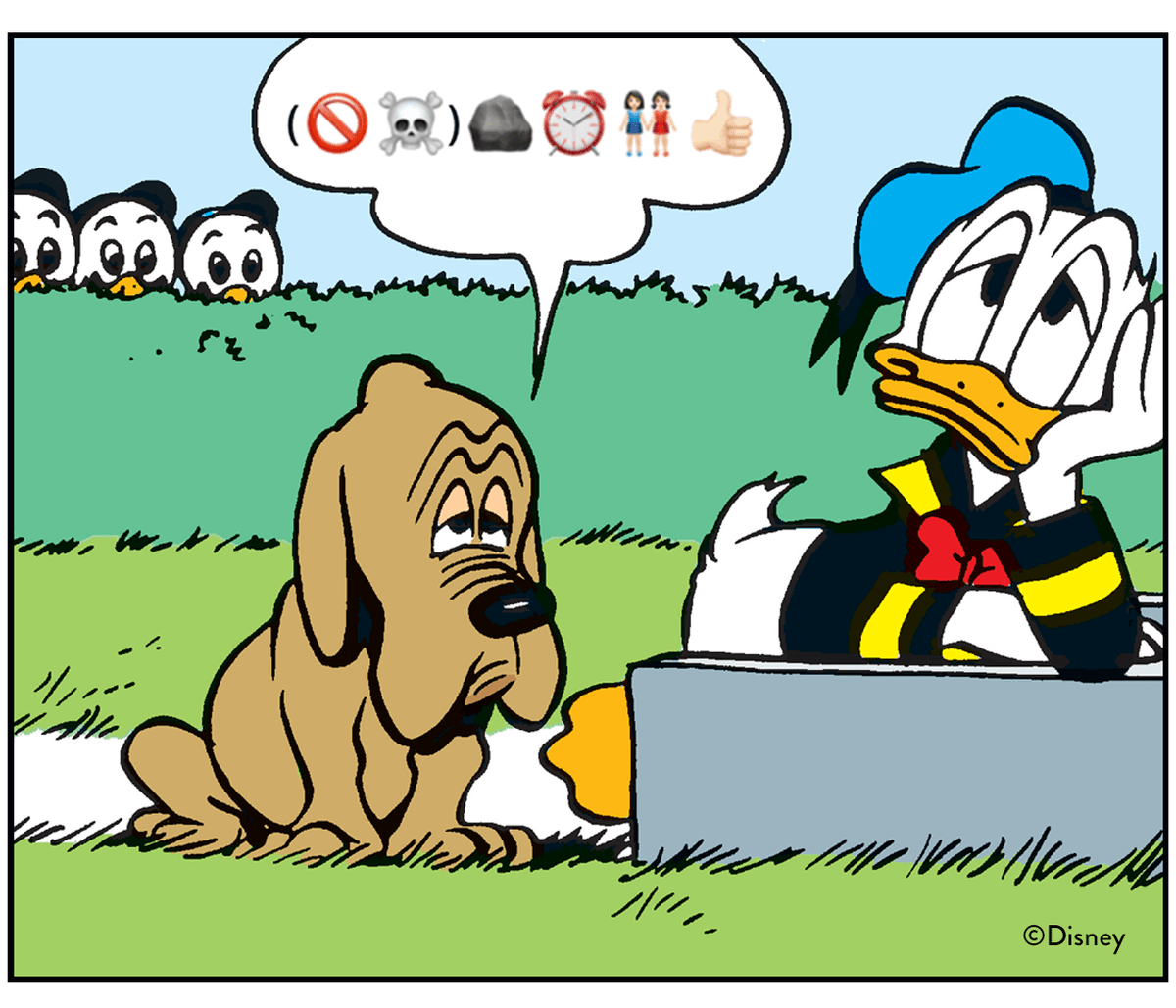 Aku Ankan puhekuplien tekstit muutetaan jatkossa emojeiksi. Tiedote ja esimerkki uudenmallisesta tarinasta osoitteessa: akuankka.fi/artikkeli/82/a…