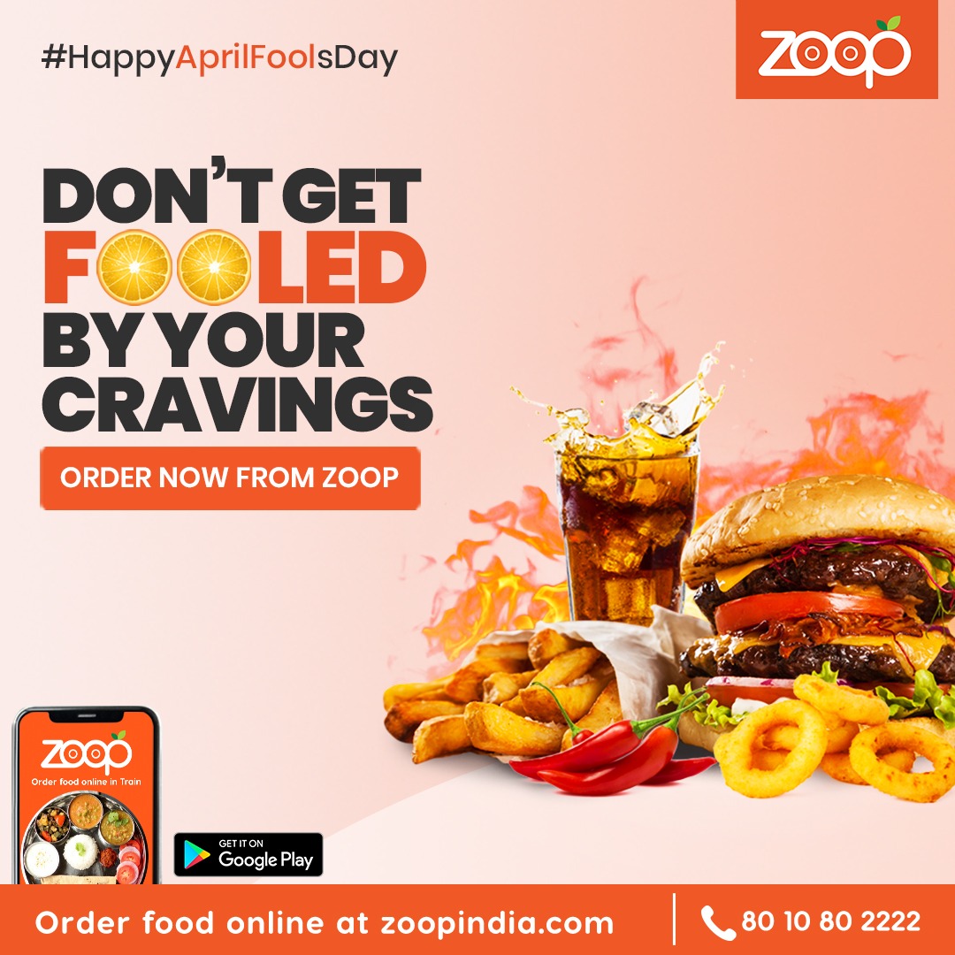 Zoop_Food's tweet photo. Don't stay hungry &amp; be a fool this #AprilFoolsDay.
Rather order all your favourite meals on your train seat &amp; celebrate!
Enjoy mouthwatering dishes delivered directly to you at all major stations only from #Zoop, your trusted #TrainFoodDelivery.
#JustZoopIt #ZoopFoodDelivery https://t.co/irFLUcWYzl