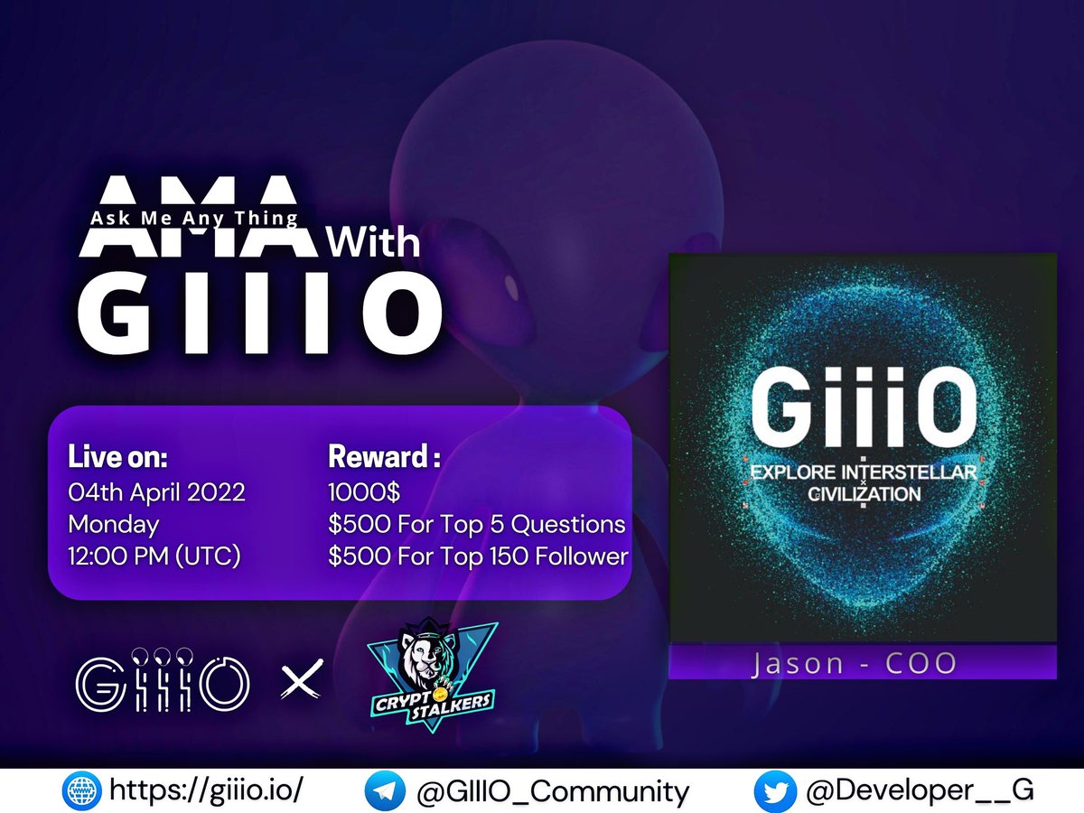 Zain_Onchain's tweet photo. 📢 We're thrilled to announce our next #AMA with @GIIIO_Global on 4th April at 12:00 PM UTC

💰 Reward Pool: 100$
📍 Venue: https://t.co/i30P1fXECm
〽️ Rules:
✅ Follow @StalkersCrypto &amp; @GIIIO_Global 
✅ Like &amp; Retweet
✅ Comment Questions &amp; Tag 3 Friends with BEP20 address https://t.co/SLbON2yPYy
