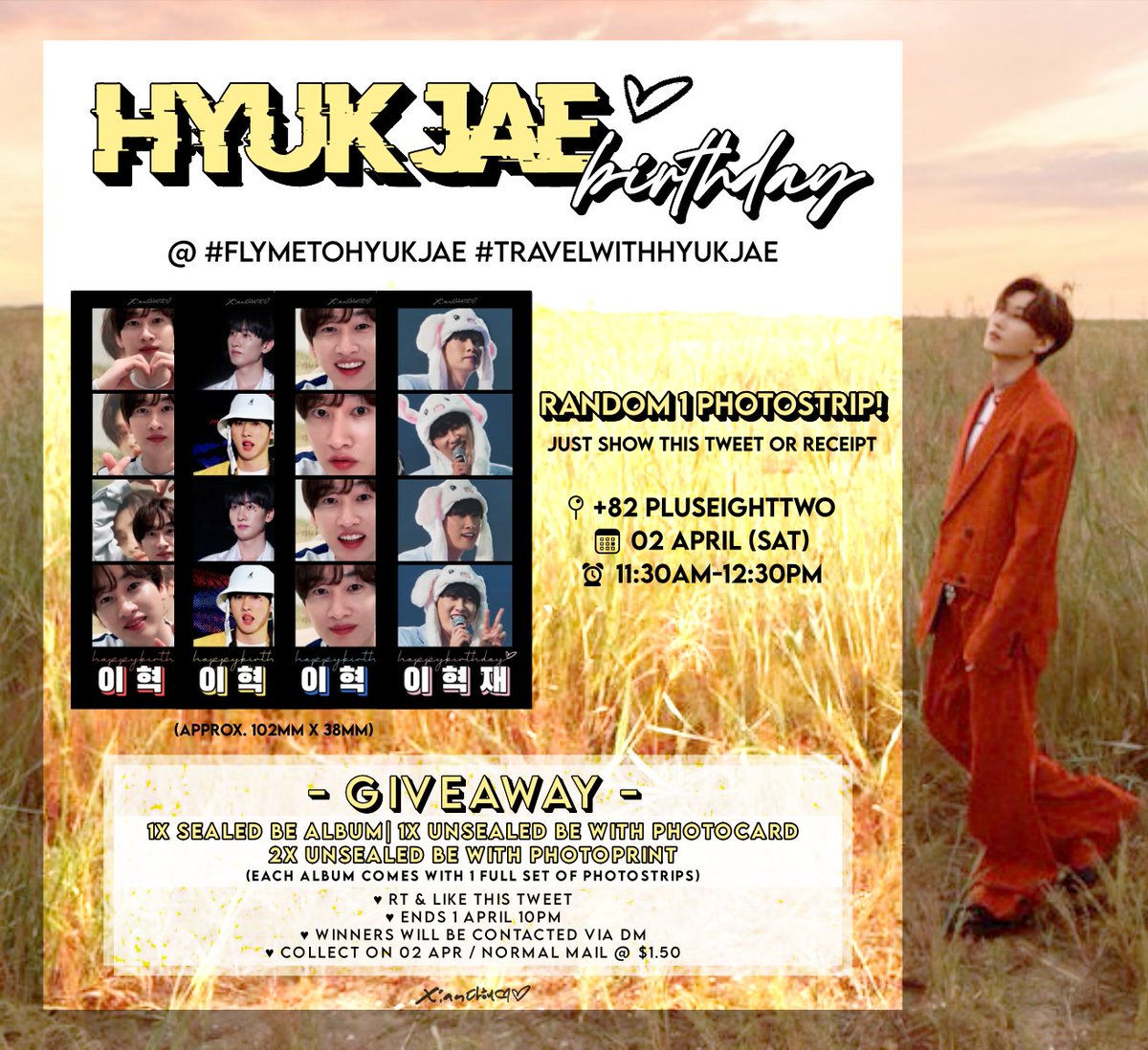XiandaHae's tweet photo. ✧･ﾟ: * 𝗛𝗔𝗣𝗣𝗬 𝗛𝗬𝗨𝗞𝗝𝗔𝗘 𝗕𝗜𝗥𝗧𝗛𝗗𝗔𝗬 * : ･ﾟ✧
Fansupport for #FlyMeToHyukjae #TravelWithHyukjae

🌙 Mini Photostrips
🌙 ALBUM GIVEAWAY!

Refer to pic for details! ✨ https://t.co/IyopzAGmQg