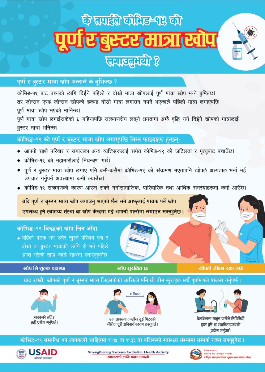 Dr1raj's tweet photo. जानकारी का लागी:
#पुर्ण_बुस्टर_मात्रा_खोप #कोभिड१९
#SSBH @USAIDNepal #nheicc @mohpnep 🇳🇵 https://t.co/xCMe4rfRGm