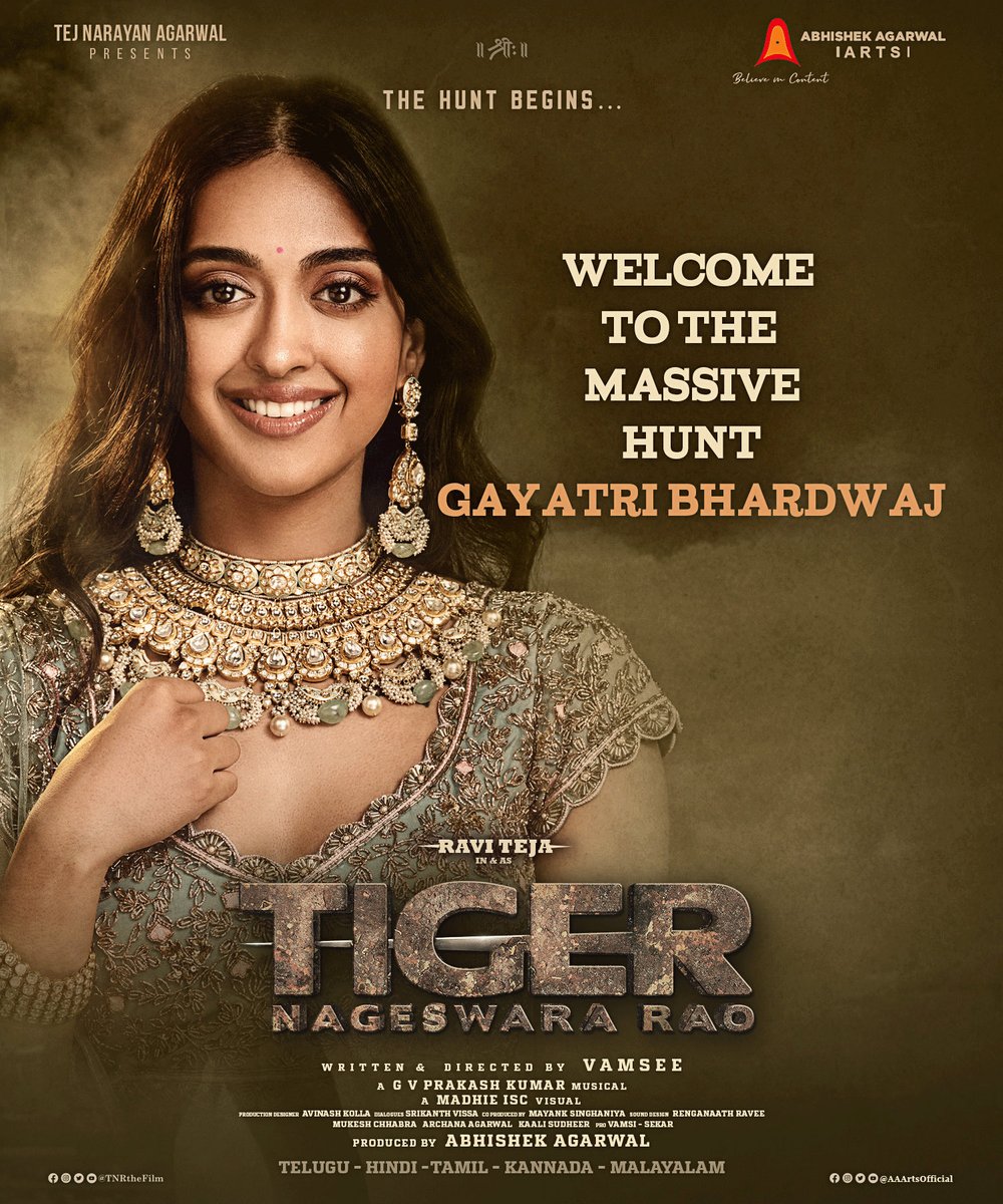 DirVamsee's tweet photo. Welcoming @gaya3bh to the Massive Hunt of @RaviTeja_offl’s #TigerNageswaraRao 🐅

 @abhishekofficl @NupurSanon @gvprakash @madhie1 @kollaavinash @SrikanthVissa @MayankOfficl @AAArtsOfficial @CastingChhabra @UrsVamsiShekar ⁦@TNRTheFilm⁩ https://t.co/hJxOpIuoNR