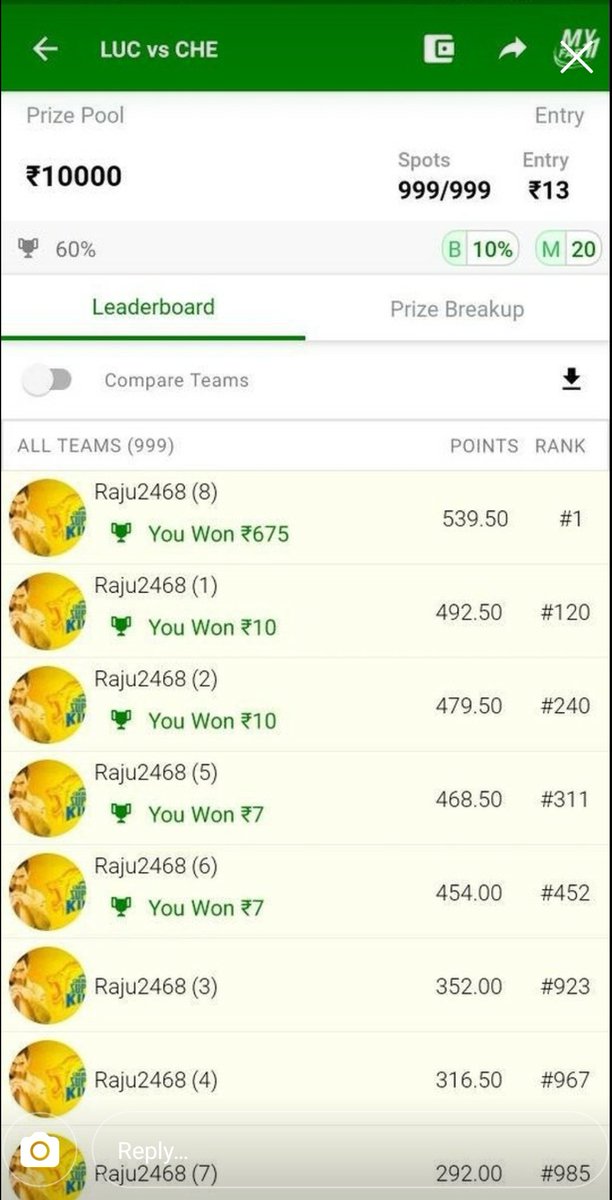 SportsStatsFree's tweet photo. Congratulations to Our Fantasy Prediction For Free YouTube Channel and Telegram Channel Regular Members Who Won at MyFab11 using our Video Tips. #WonMiniGL #WonGL #FantasyPredictionForFree #MyFab11 #Dream11 #FantasyCricket https://t.co/QMecS32CgN