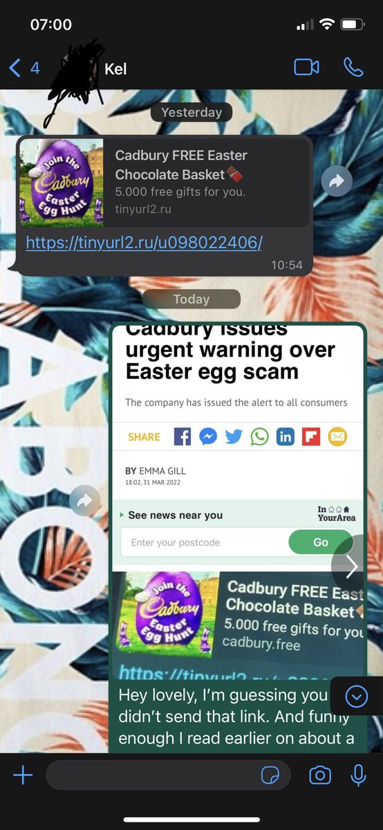 #ScamAlert #SCAM #scammers #cadburyscam #whatspp Luckily I read about it yesterday and then ironically I got sent the link by a mate who I know wouldn’t share this stuff so be careful and don’t fall for it.  <a href="/WhatsApp/">WhatsApp</a> <a href="/CadburyUK/">Cadbury UK</a>