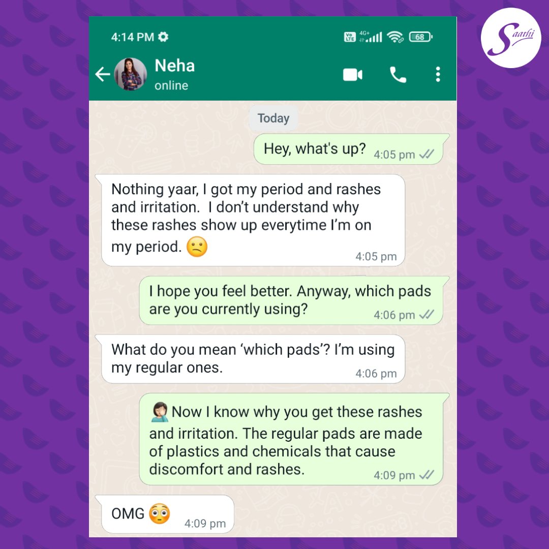 SaathiPads's tweet photo. #WhatsappLeak #BestFriends

Just another whatsapp chat between two friends sharing period related problems and overcoming it. 

Pads that are good for the body, community &amp; environment

#SaathiPads #BiodegradablePads #PlasticFree #ChemicalFree #RashFreePeriods https://t.co/aeg5Ol9qBi