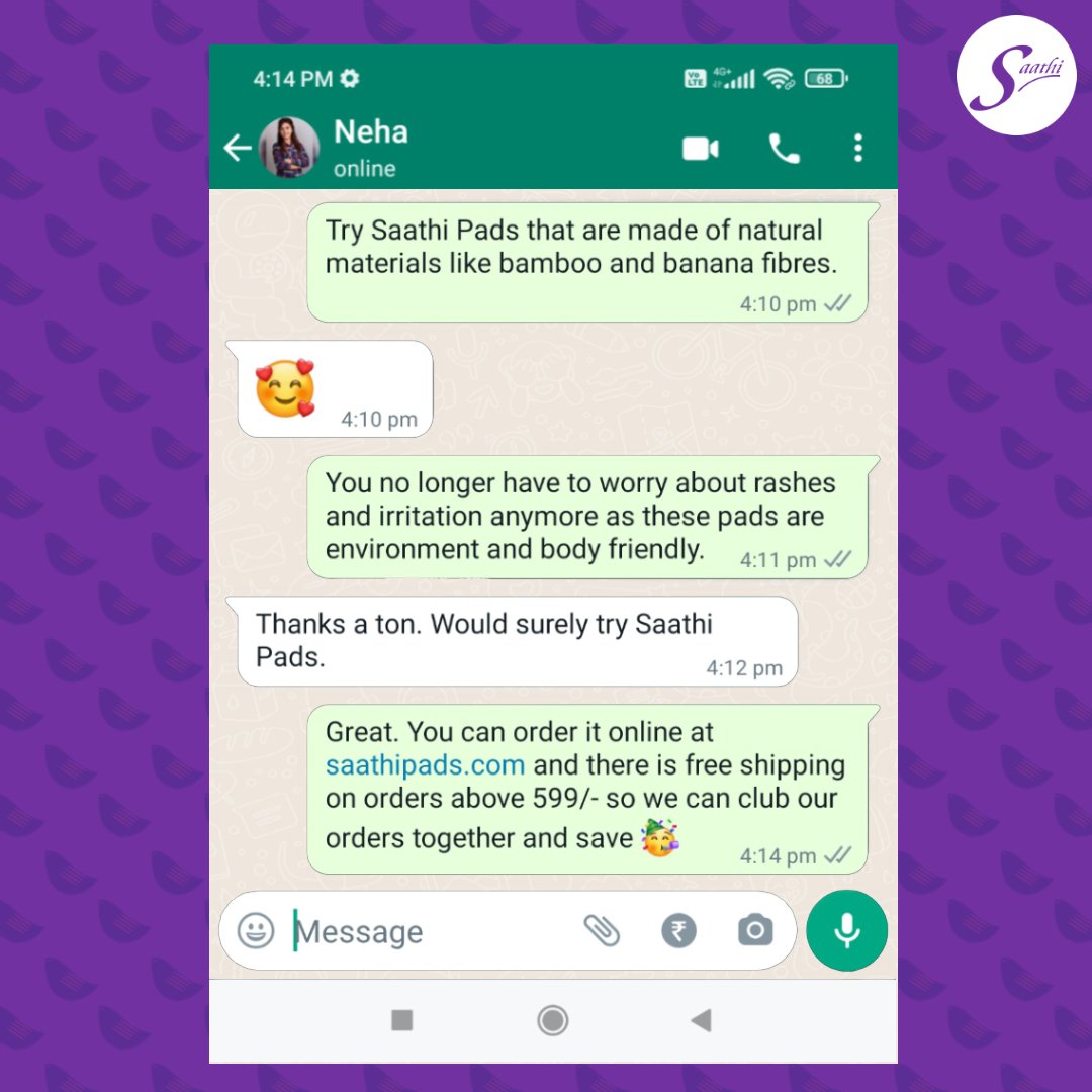 SaathiPads's tweet photo. #WhatsappLeak #BestFriends

Just another whatsapp chat between two friends sharing period related problems and overcoming it. 

Pads that are good for the body, community &amp; environment

#SaathiPads #BiodegradablePads #PlasticFree #ChemicalFree #RashFreePeriods https://t.co/aeg5Ol9qBi