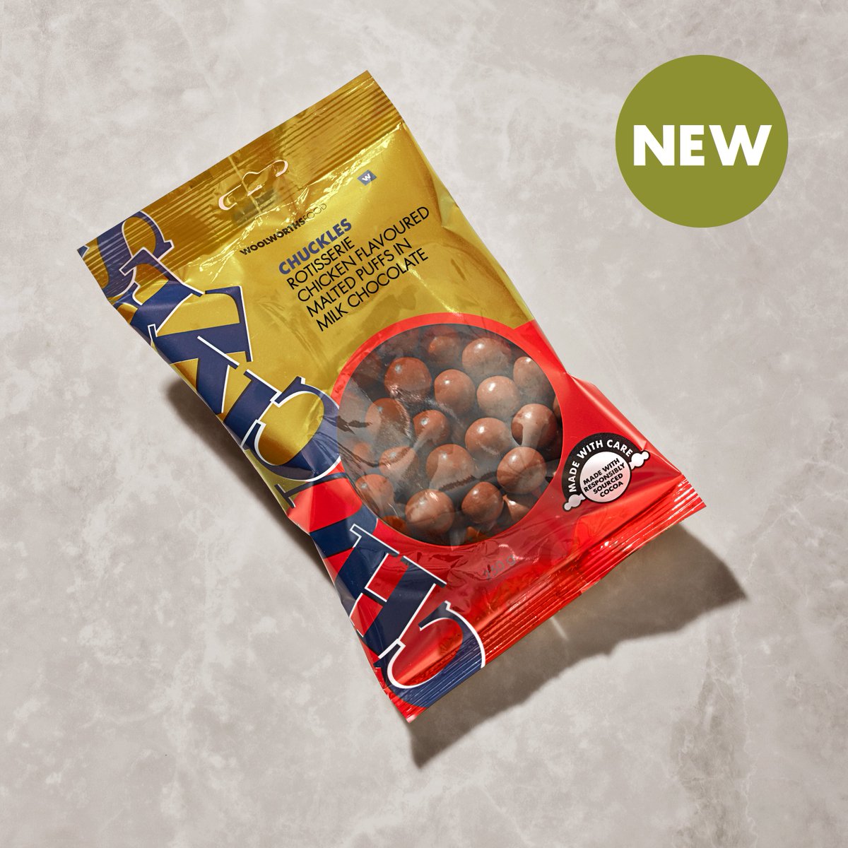 WOOLWORTHS_SA's tweet photo. We’re excited to announce our newest Chuckles creation – Rotisserie Chicken-flavoured Chuckles! 

Think malt balls infused with delectable rotisserie chicken flavour, enrobed in rich, creamy milk chocolate. Slightly savoury, complemented by deliciously sweet… It’s a winner! https://t.co/kW9dmtfHGL