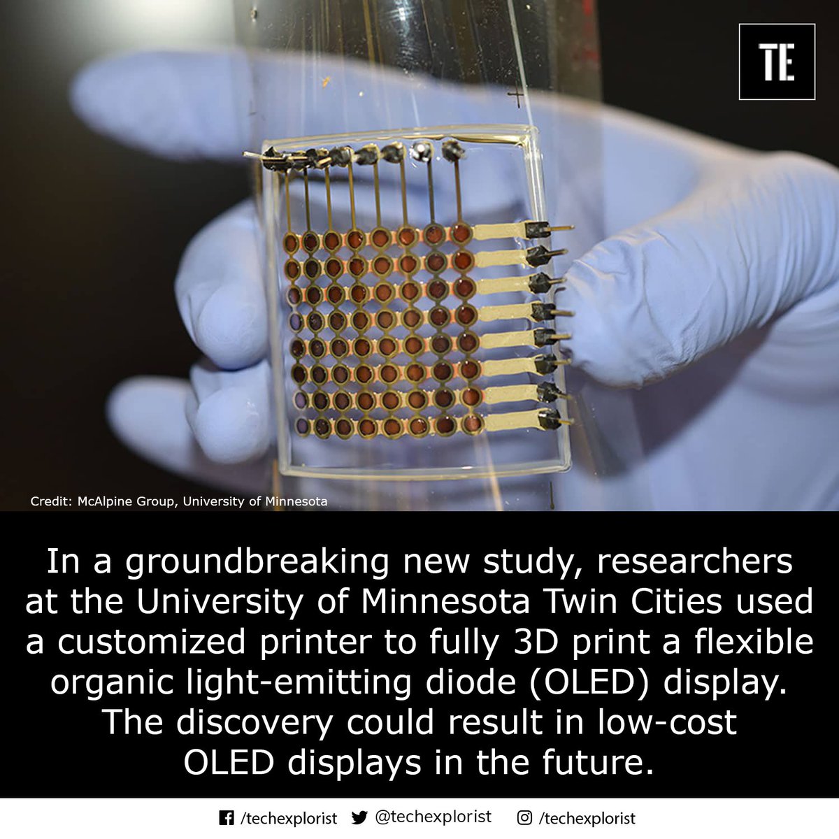 TechExplorist's tweet photo. First fully 3D-printed, flexible OLED display.
#3dprinted #flexibleoled #research #lightemittingdiode #oleddisplay #science #physics #techexplorist https://t.co/8N6X22GKs8