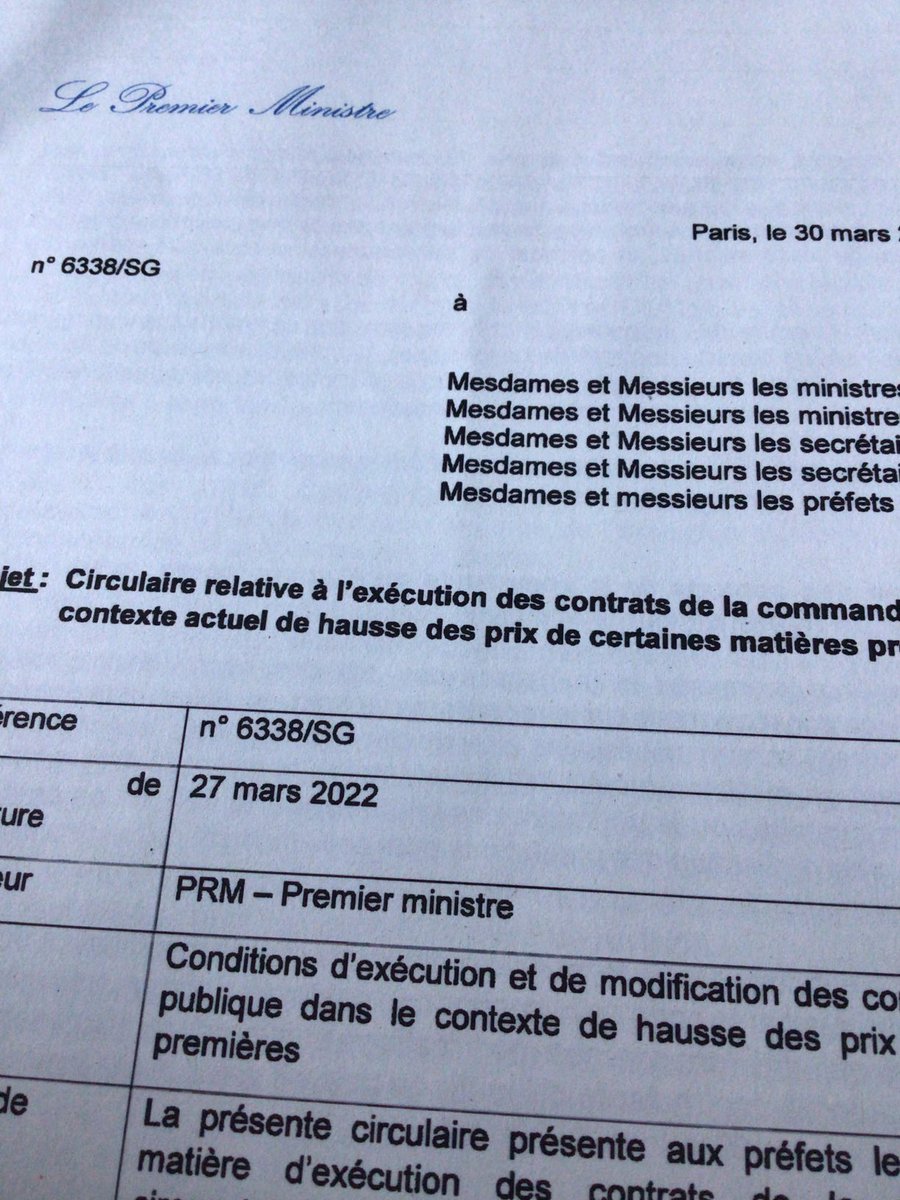 Circulaire du PM 30 mars 2022 relative à l’exécution de la CP dans le contexte de hausse des matières premières
