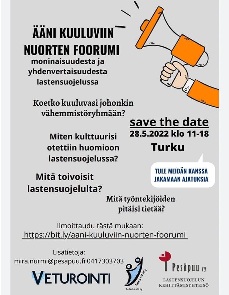 Pidämme Pesäpuun kanssa Ääni kuuluviin nuorten foorumin moninaisuudesta ja yhdenvertaisuudesta lastensuojelussa. Koetko kuuluvasi johonkin vähemmistöryhmään? Miten kulttuurisi otettiin huomioon lastensuojelussa? Mitä toivoisit lastensuojelulta?
 bit.ly/aani-kuuluviin…