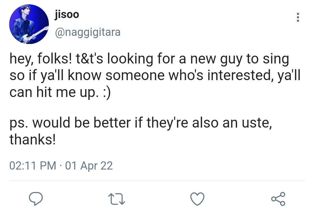 adobonishua's tweet photo. — himig

a #seoksoo filo au where jisoo is desperate to find a vocalist for their band, T&amp;T (Tugtog at Tinig). Sad to say, the only person who passed the band's standard was seokmin, the annoying guy who's head over heels for him. https://t.co/t4TigkklvQ