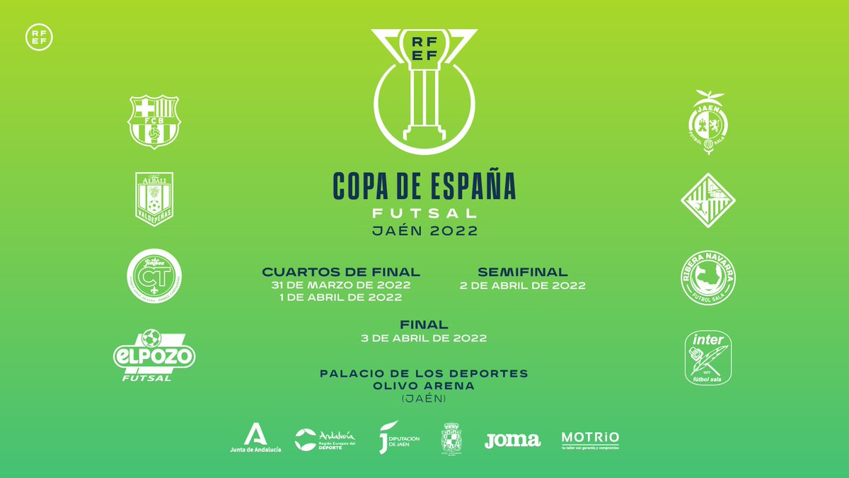 COPEJaen's tweet photo. ¿Quieres asistir a las semifinales y final de la #CopadeEspañaFutsal con la @RFAF? 

Hoy 5 afortunados ganarán 5 entradas dobles PARA AMBOS EVENTOS

Para participar sigue a @COPEJaen, retuitea y etiqueta en tu comentario con quien irás.

🕑 A las 13 horas daremos los ganadores https://t.co/oq2GVFJEVf