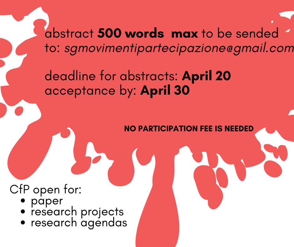 CfP “Democracy, challenges and opportunities in time of crisis"
📌deadline April 20, abstract of 500 words max to be sended to sgmovimentipartecipazione@gmail.com

more info👉 standinggroups.sisp.it/movimentisocia…