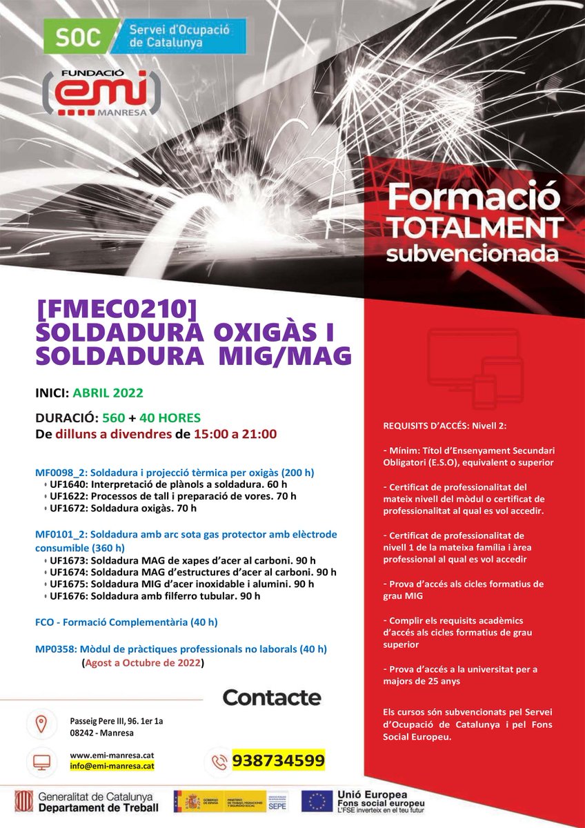 Curs soldadura OXIGAS i MIG/MAG. Inici abril, dilluns i divendres de 15 a 21h