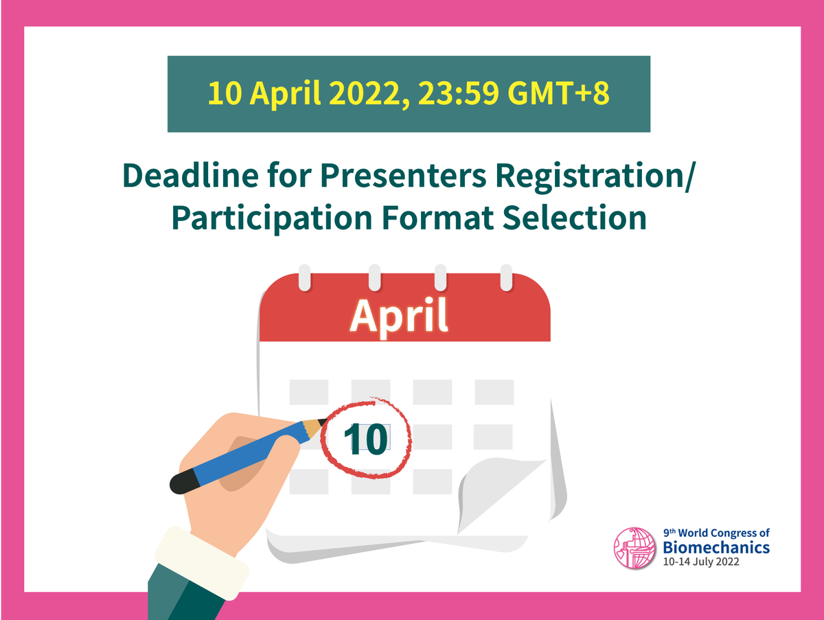 All the presenting authors are required to register by 10th April 2022 (23:59 GMT+8) to guarantee the inclusion of the abstract into the program.
#WCB2022 #Taipei #Taiwan #World #Congress #Biomechanics #InPersonMeeting #HybridMeeting
