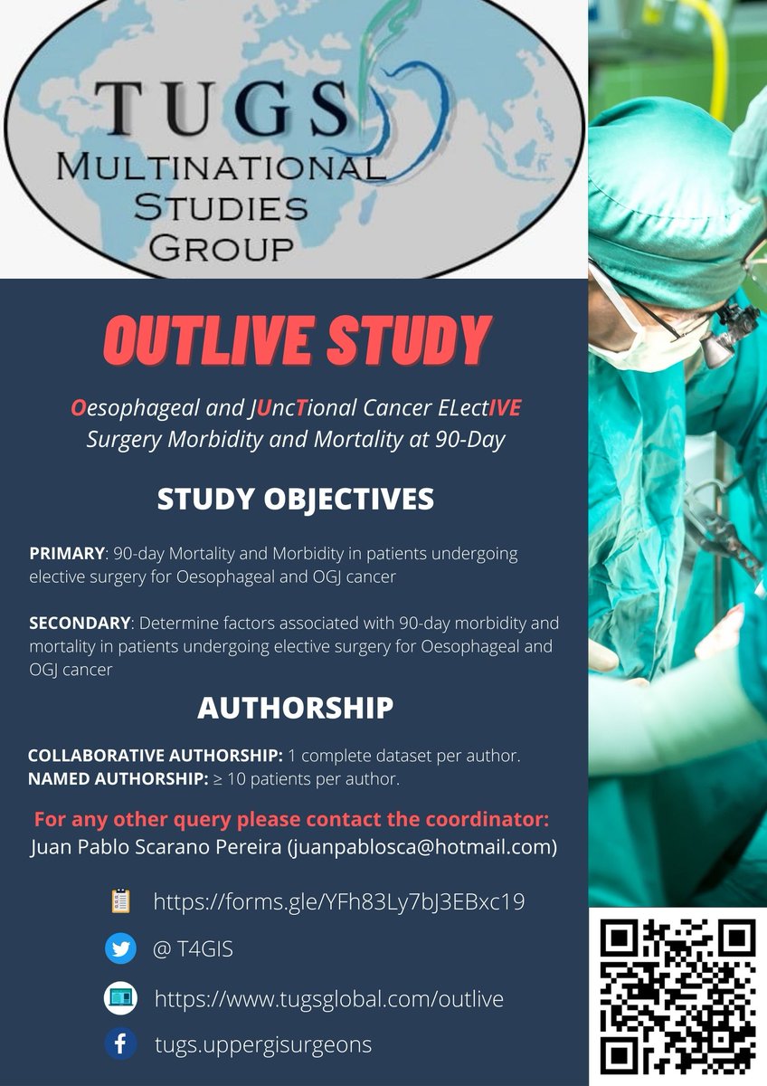 The OUTLIVE study will start today !

Do not miss the opportunity to participate in one of the biggest collaborative studies on esophageal elective cancer surgery.

You can participate by clicking on this link: forms.gle/YFh83Ly7bJ3EBx…