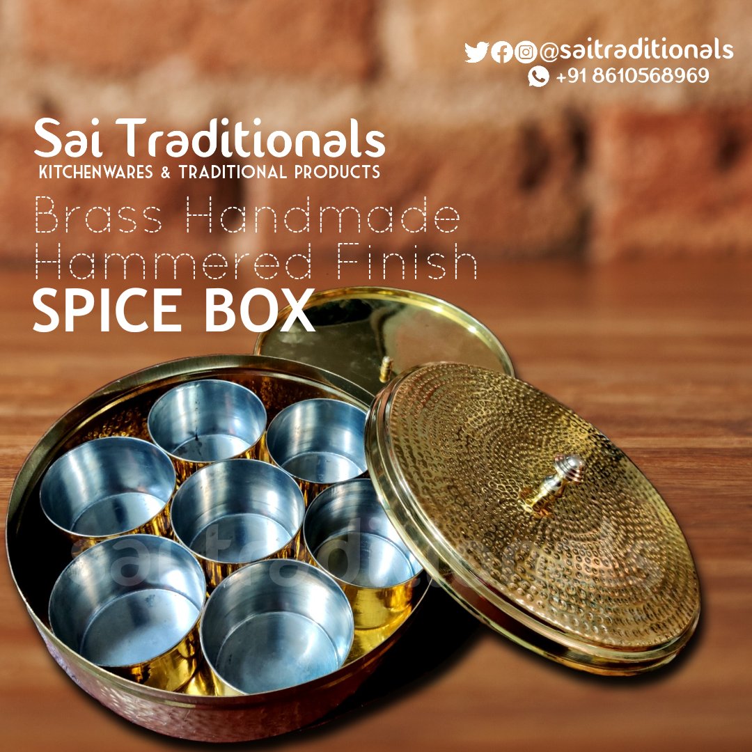 SaiTraditionals's tweet photo. Brass hammered spice box is an exquisite one of a kind beauty handmade by the artisans of Kumbakonam. Sai Traditionals Brass spice box has 7 containers lined with tin is a wonderful addition to the kitchen.
#brass #brassspicebox #spicebox #traditionbox #masalabox https://t.co/O1AMZd7DVl