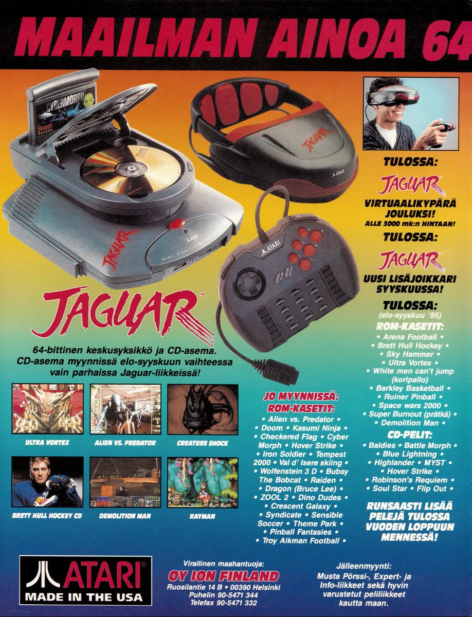 TakodanTweets's tweet image. 1995 Finnish two page advert by a store called #Triosoft and their lineup of #Atari #Jaguar stuff