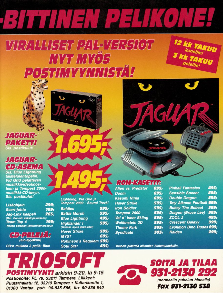 TakodanTweets's tweet image. 1995 Finnish two page advert by a store called #Triosoft and their lineup of #Atari #Jaguar stuff