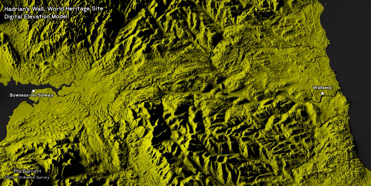 The #Romans knew what they were doing when they built #HadriansWall!
Avoiding the big hills and across the narrow part of the country.
This is an elevation model of the World Heritage Site, and route for @AndrewJFrizzell walking the wall for <a href="/alzheimerssoc/">Alzheimer's Society</a> 👍
#FridayLidar #Lidar