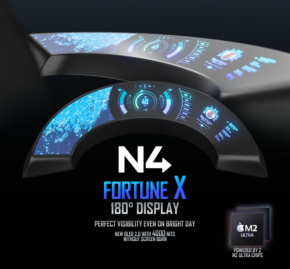 NextfourGroup's tweet photo. The Q Experience is taking the next level. Meet our latest product innovation: Fortune X!

180° display view with an immersive user interface offers an experience you will never forget. 
#AprilFoolsDay #boat https://t.co/B1ZiHTLXl1