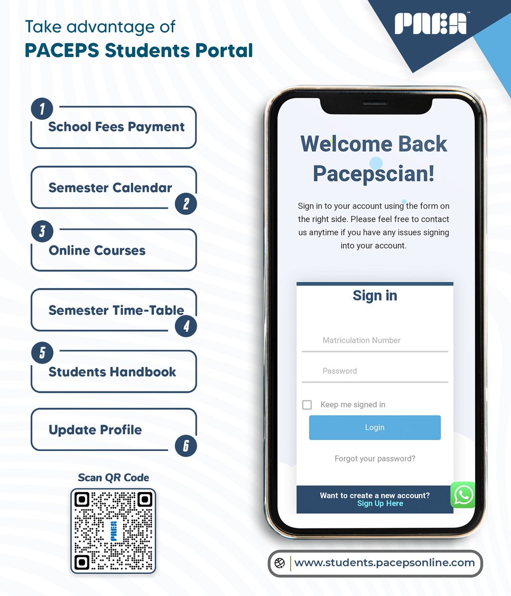 pacepsonline's tweet photo. *PACEPS STUDENTS PORTAL*💫💫

PACEPS Students Portal is live now for all students to visit and take advantage of; for examination timetable, semester timetable, students handbook, online courses, payments etc.

Kindly do well to visit the url https://t.co/Prw4eq0JOW to register https://t.co/2nor5IS1ib