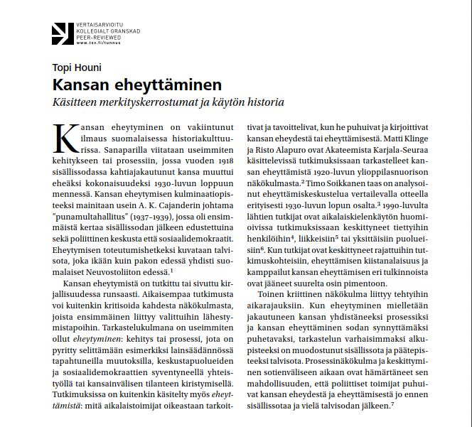 Kirjoitin uusimpaan Historialliseen Aikakauskirjaan (1/2022) Kansan eheyttämisen merkityskerrostumista ja käytön historiasta.

Koko teksti on luettavissa paperilehdestä ja tilaajille netistä.

Kiitos hyvästä yhteistyöstä, <a href="/anulah/">Adin Nulah</a> ja @HistAik-väki!