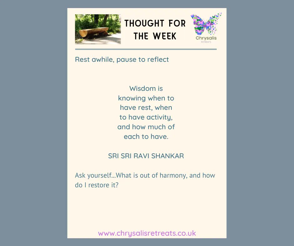CRtimeforyou's tweet photo. Thought for the week as  we move into spring and adjust to summer time  - Take time reflect on whether your balance of rest vs activity is in harmony - if not, what can you do to restore it?

#Pause #Rest #Harmony #Womensupportingwomen

Find out more 
https://t.co/QSTIG8KZA1 https://t.co/2XFgXw2vK7