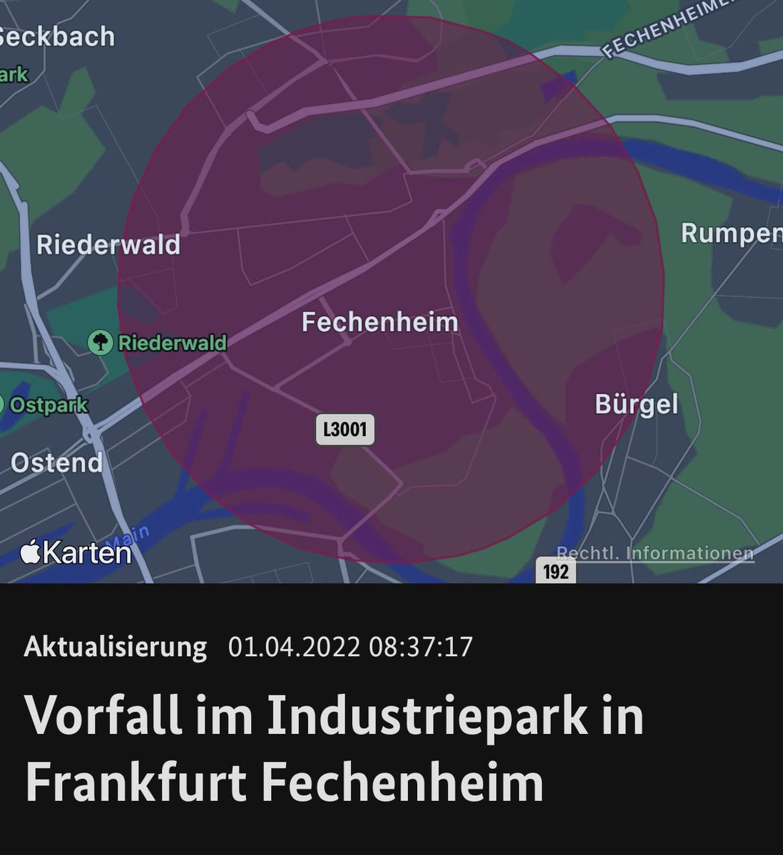 Im #Industriepark #Fechenheim kommt es momentan zu einem Stoffaustritt. Kräfte der #Werkfeuerwehr und der #Berufsfeuerwehr sind im Einsatz.
Beachten Sie die Warnungen für die Bevölkerung und die Verhaltensregeln! ^ts