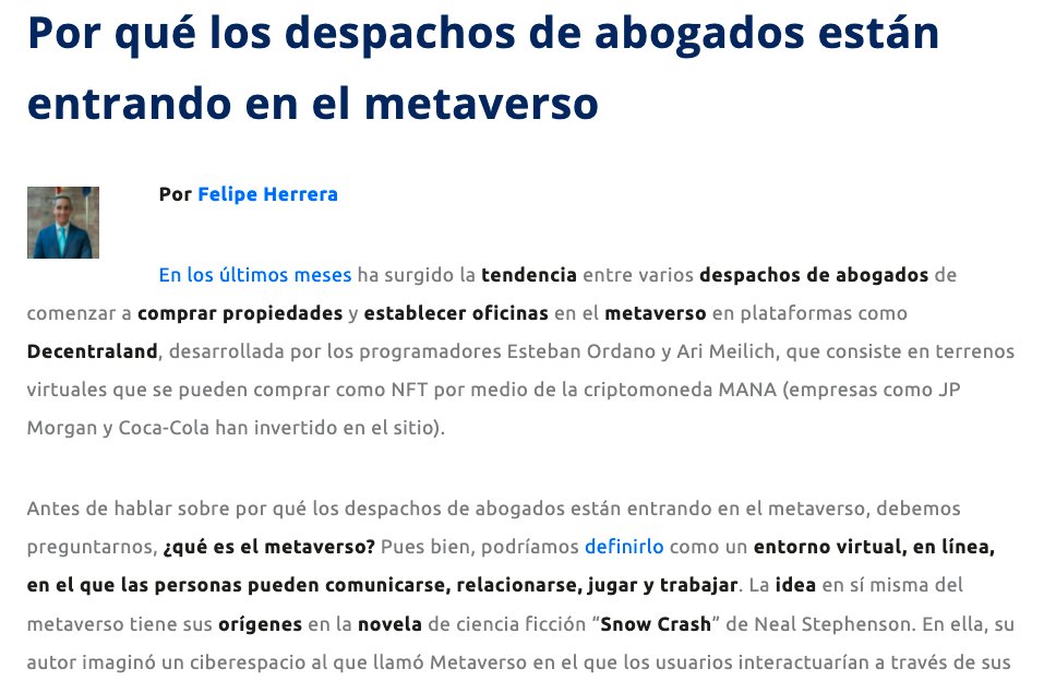 Hoy vuelvo al blog de innovación legal de <a href="/Abogacia_es/">Abogacía Española</a>
para hablar sobre los motivos por los que los despachos de abogados dan el salto al #metaverso: todavía útil para pocos pero para ese grupo hay razones interesantes 😎⤵️
abogacia.es/publicaciones/…