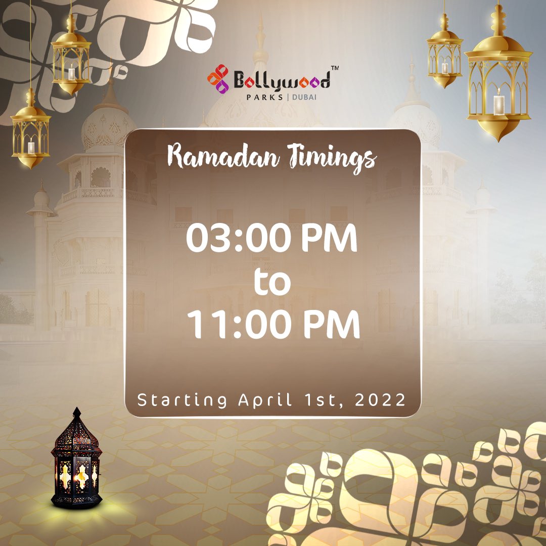 bollywoodparks's tweet photo. BOLLYWOOD PARKS™️ Dubai will now be open from 3 PM to 11 PM for the holy month of Ramadan. 

Ramadan Mubarak to all! 🌙✨

#BollywoodParksDubai #EndlessFunForEveryone #NewTimings https://t.co/GcEUz6zQmR