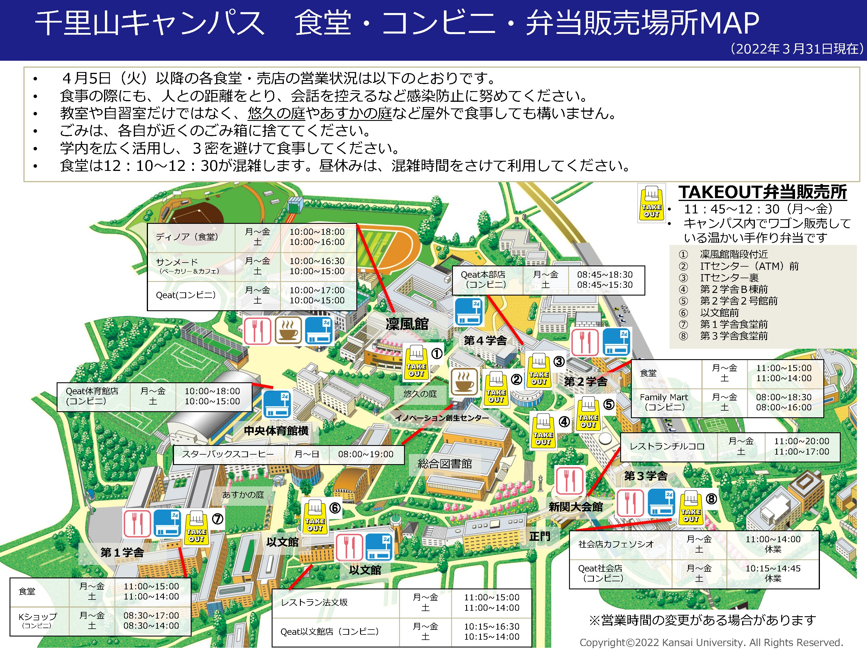 関西大学 新入生必見 関大キャンパス内ランチマップ 新入生の皆さん ようこそ関西大学へ 千里山 高槻 高槻ミューズ 堺キャンパス内の食堂 コンビニ 弁当販売場所などの情報をお届けします 学内を広く活用し ３密を避けて食事してくださいね