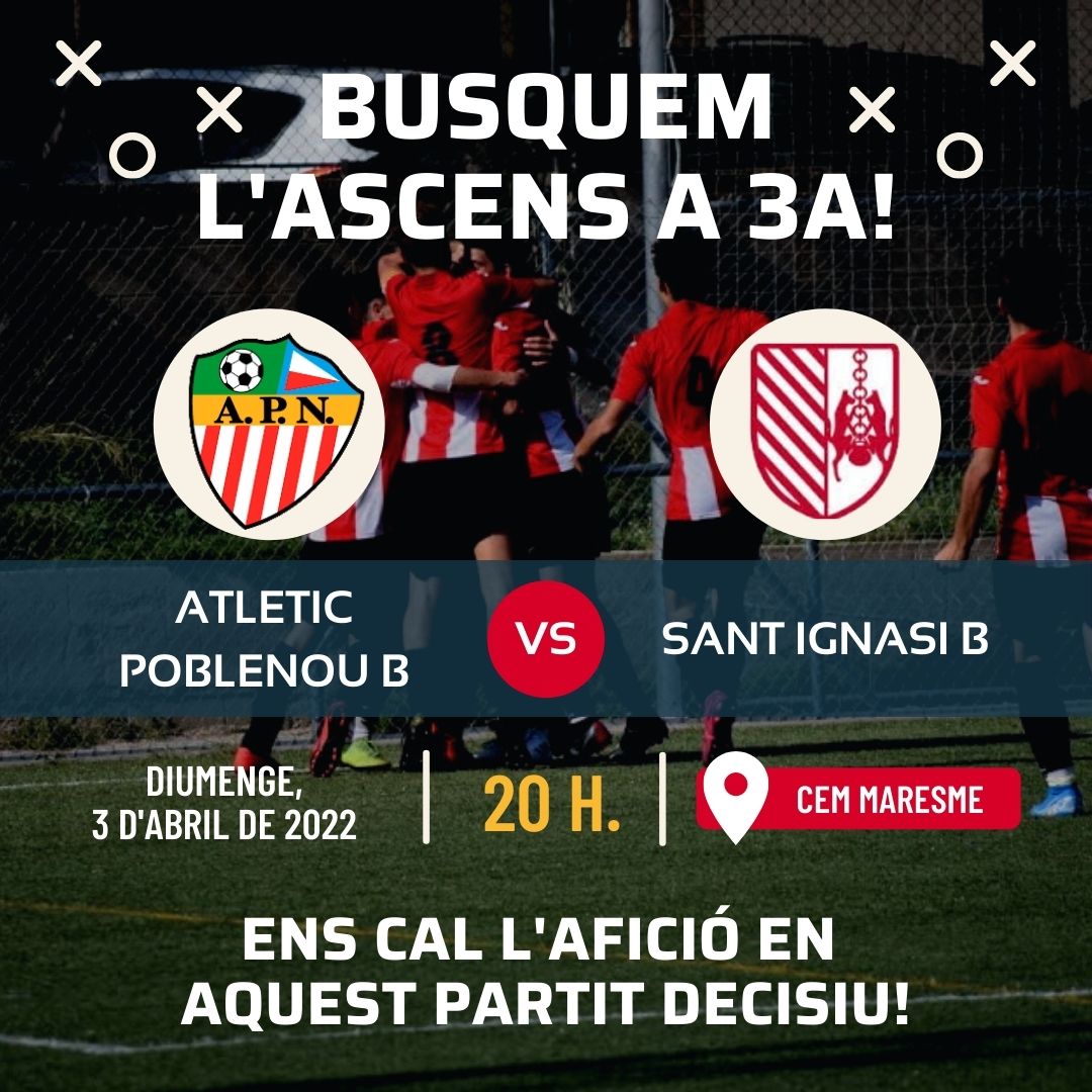 El nostre Amateur B necessita la seva afició! Partit decisiu aquest diumenge per aconseguir l'ascens a 3a aquesta temporada! Visca el Poblenou! Som-hi @realdepoblenou!
⚽ Amateur B - Sant Ignasi B
📆 Diumenge 3 d'abril de 2022
⏰ 20 h

📍 CEM Maresme