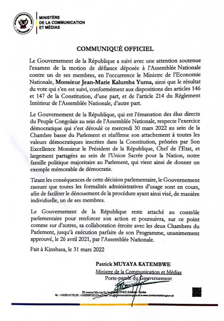 #RDC, après la déchéance par l’@AssembleeN_RDC le mercredi 30/03/2022 du ministre d l’économie nationale, Jean-Marie #Kalumba, le gouvernement @LukondeSama dit respecter décision d l’AN et rassure que formalités administratives sont en cours pr faciliter dénouement d la procédure