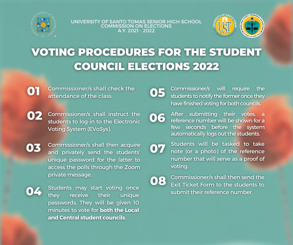 ustshscomelec's tweet photo. π£ Attention, Senior High!
The Voting Period for the UST Senior High School Student Council Elections 2022 is coming close.
Kindly take note of the procedures and reminders for the upcoming elections π³οΈ
#SHSVotes
#USTSHSHalalan2022
#USTHalalan2022
#OneCOMELEC https://t.co/hsoWbcniyh