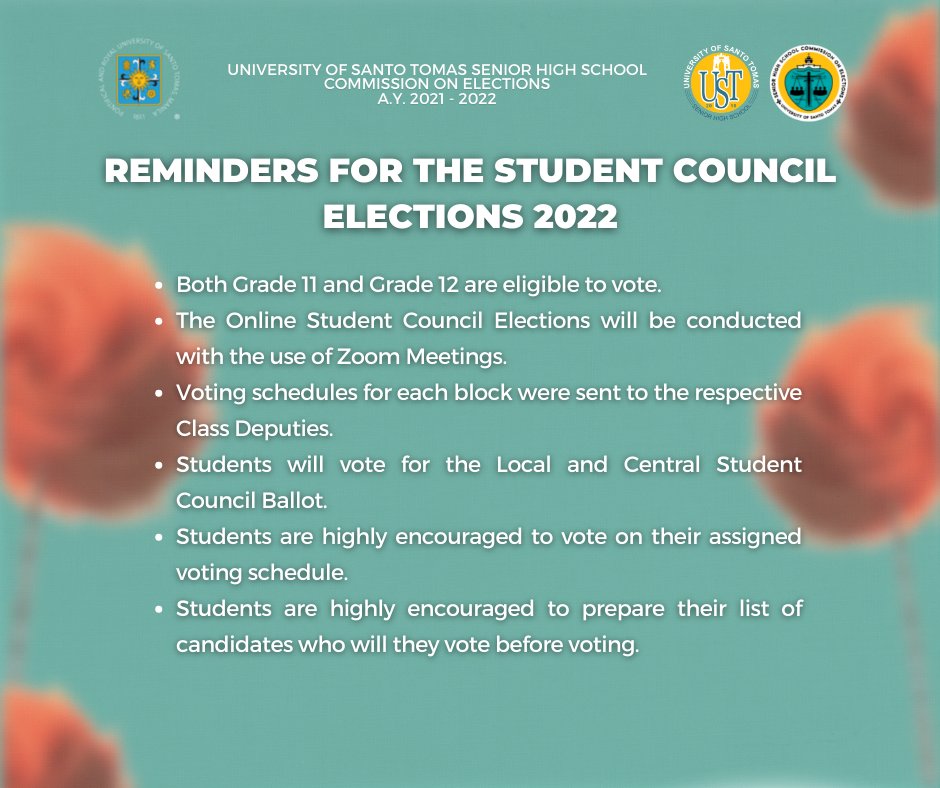 ustshscomelec's tweet photo. π£ Attention, Senior High!
The Voting Period for the UST Senior High School Student Council Elections 2022 is coming close.
Kindly take note of the procedures and reminders for the upcoming elections π³οΈ
#SHSVotes
#USTSHSHalalan2022
#USTHalalan2022
#OneCOMELEC https://t.co/hsoWbcniyh