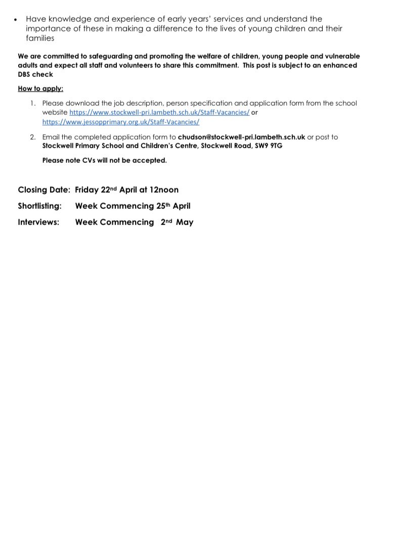 We are recruiting! We are looking for a Better Start Worker to join the Brixton Stockwell Area Team. For the job description and application form to apply click on this link stockwell-pri.lambeth.sch.uk/school/current…
