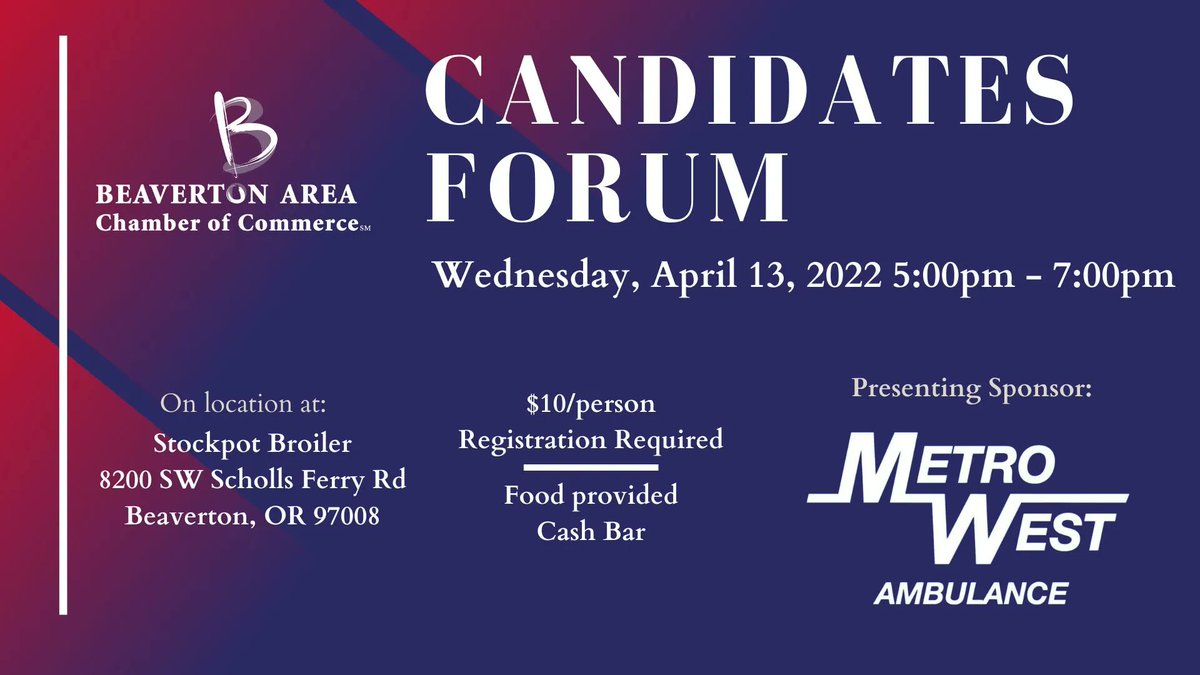 I hope you can join me on Wed 4/13 for a local Candidate Forum hosted by <a href="/BeavtonChamber/">Beaverton Chamber</a>. Info and registration: buff.ly/3N60dP5. See you there!