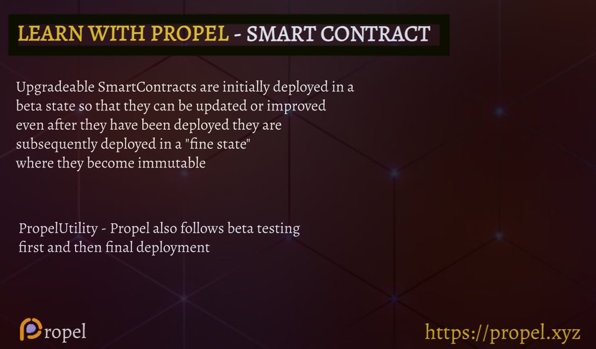 Call_me_Ezekiel's tweet photo. #PropelUtility - Propel also follows beta testing first and then final deployment as a standard process for accurate results.
#Upgradeable #SmartContracts are initially deployed in a beta state so that they can be updated or improved
#PropelXYZ #DeFi #NFTs #PEL #SmartContract https://t.co/rOhd5Xh5CB